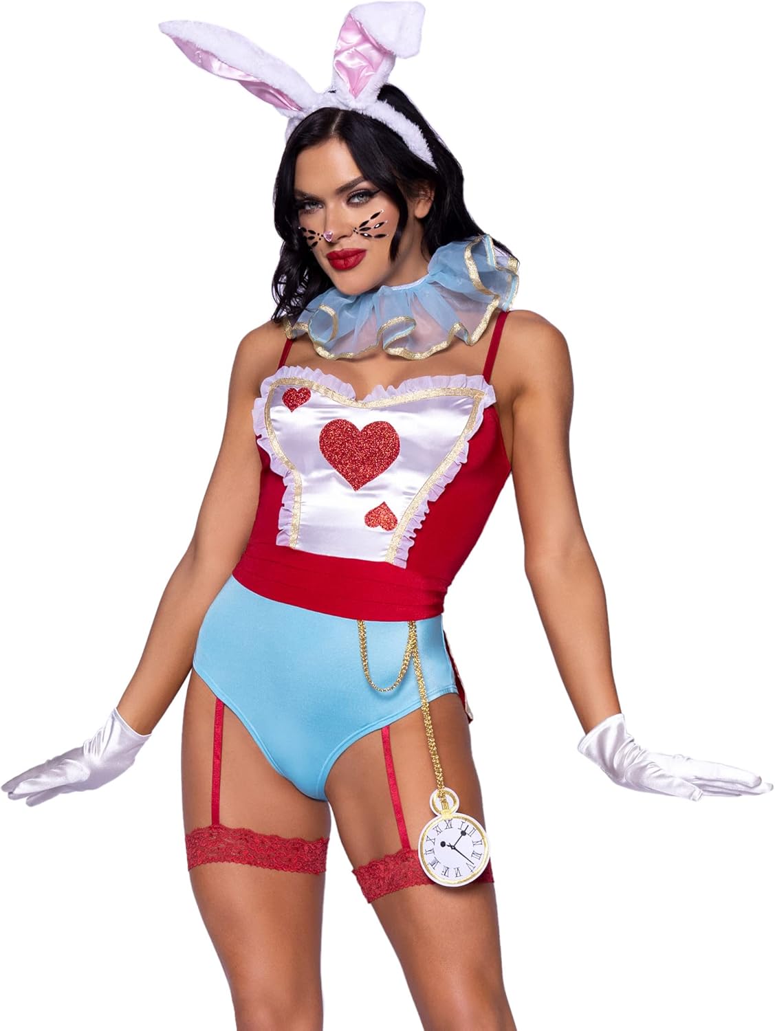 Leg Avenue Women's 4 Pc Wonderland White Rabbit Costume with Bodysuit, Neck Ruffle, Headband, Tail