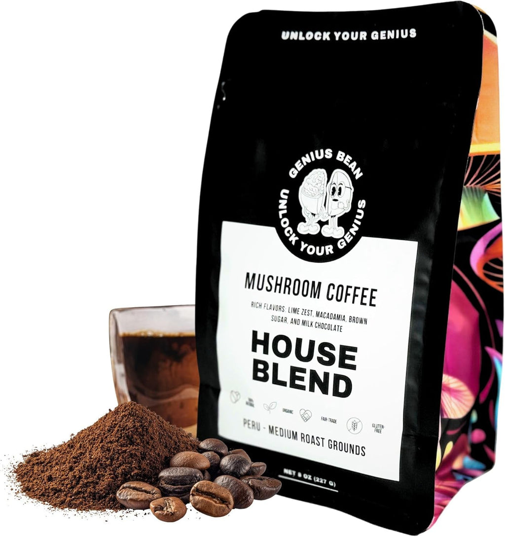 Genius Bean House Blend Mushroom Coffee, Medium Roast Ground Coffee with Lion's Mane, Chaga, Reishi, Cordyceps, L-Theanine, Organic Fair-Trade Beans, 8 oz
