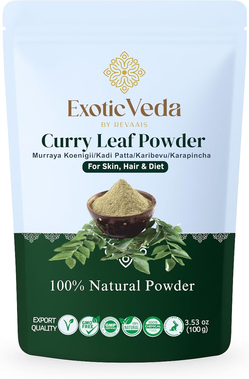 Exotic Veda Curry Leaf Powder – Kadi Patta (Murraya koenigii) | Vegan, Non‑GMO, Additive‑Free Indian Spice | Rich in Antioxidants & Nutrients for Cooking, Hair & Skin Benefits – 100 g (3.53 oz)
