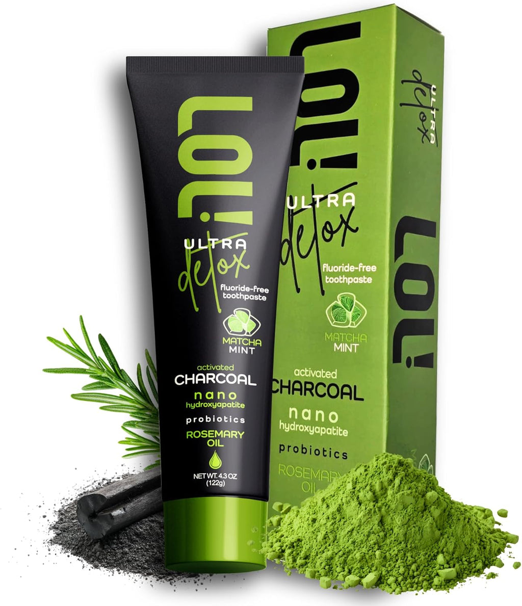 LOL Ultra Detox Matcha Mint, Activated Charcoal Toothpaste Whitening - Nano Hydroxyapatite, Probiotics, Rosemary Oil, Fluoride Free, Tooth Paste - Remineralizing Gum Detoxify Toothpaste, Pasta Dental
