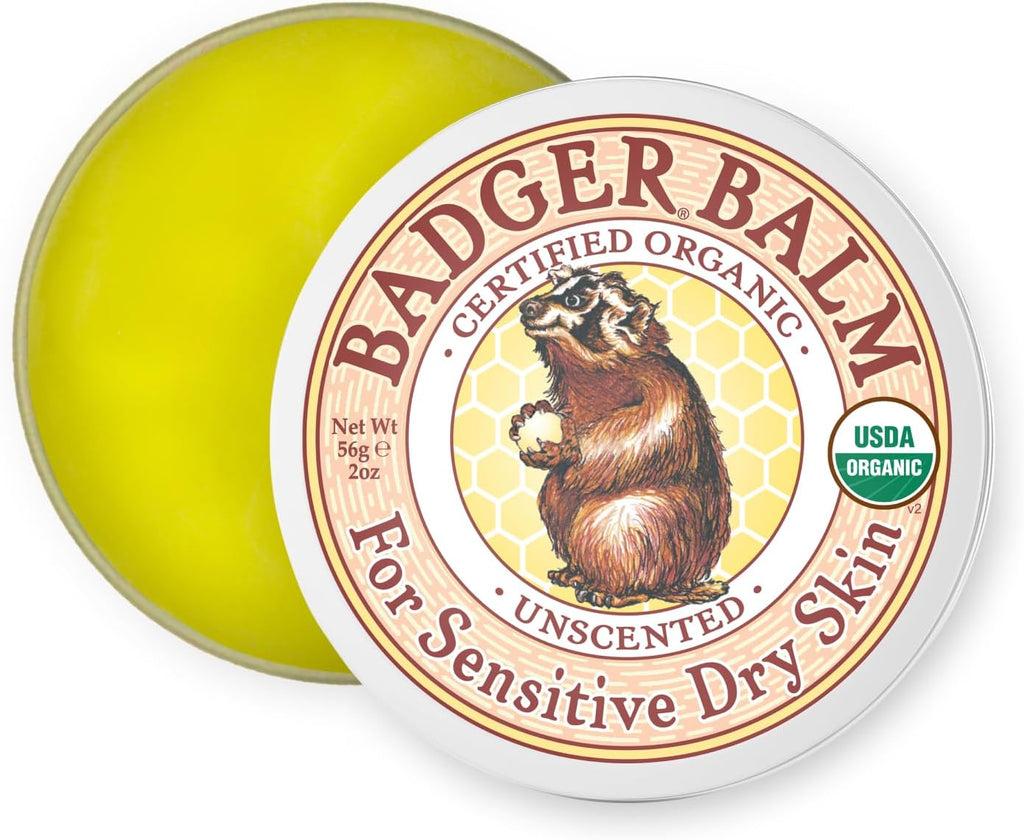 Badger Balm Unscented, 100% Organic Olive Oil & Beeswax, Fragrance Free Hand Cream, Long Lasting Sensitive Skin Moisturizer, 2 oz Tin