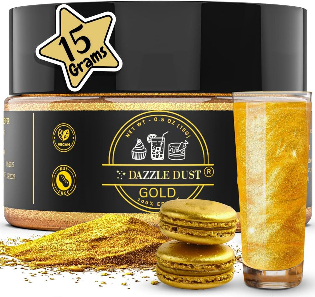 Dazzle Dust Edible Glitter Powder Sprinkles for Cake Decorating, Drinks, Cookie, Icing, Dessert Decorations, Sparkly Luster, Food-Grade, Vegan, Gluten Free, Kosher, Bulk 15g, Gold