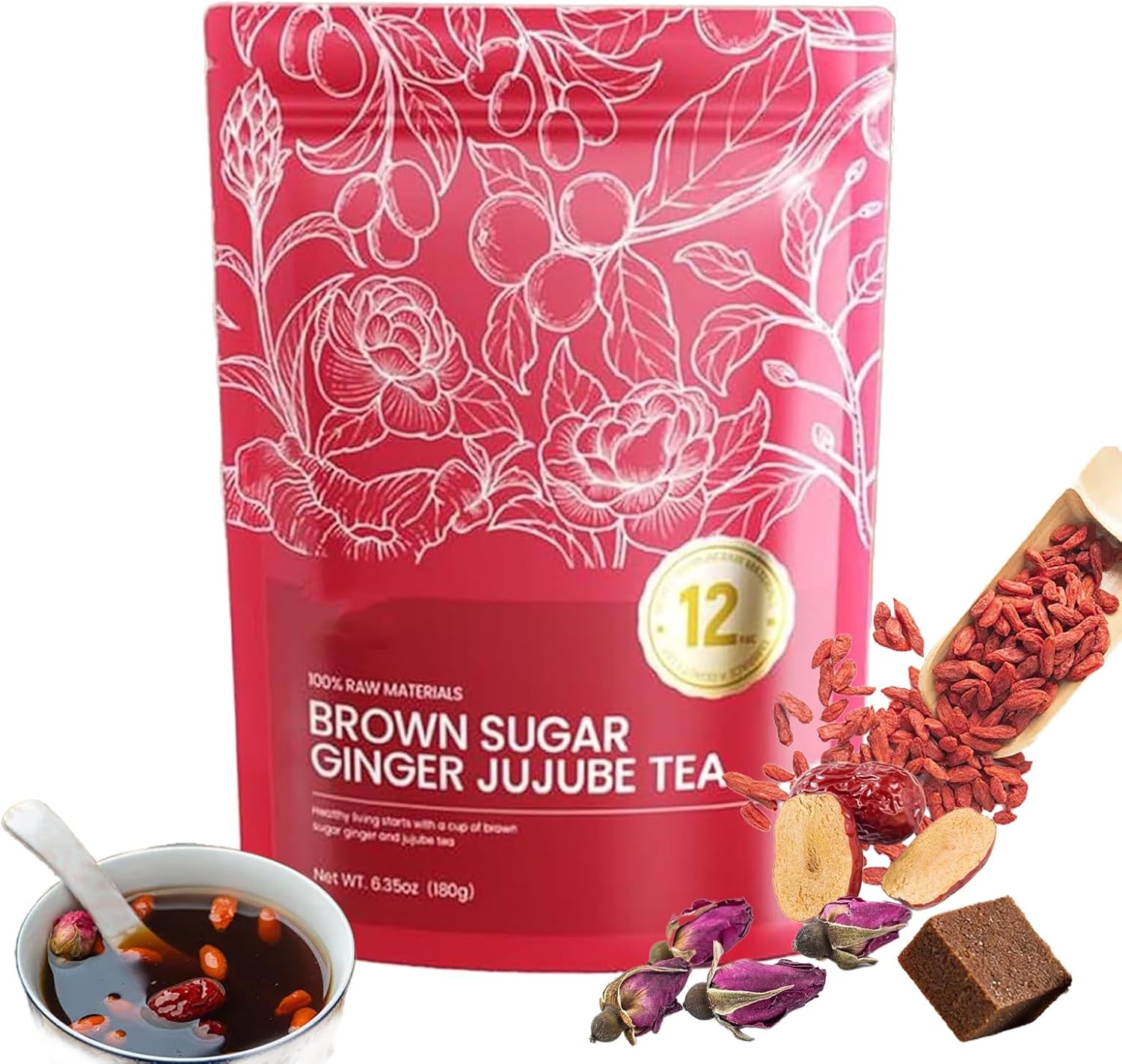 Velutra Chinese Brown Sugar Ginger Tea, with Red Jujube & Red Ginseng, Promotes Digestion, Improves Sleep, Soothes & Aids Digestion - Individually Wrapped, Purely Natural (1PC)