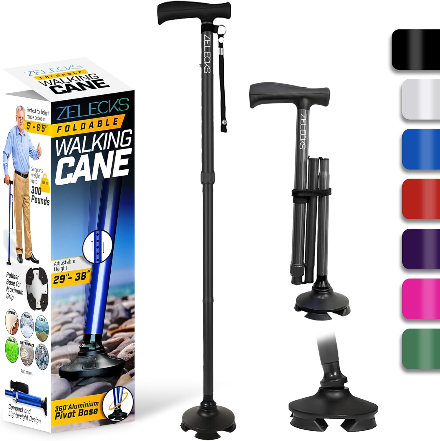 ZELECKS Walking Cane for Women & Men - Self Standing Adjustable Folding Cane with T Handle and 360 Pivot Base - Lightweight Foldable Walking Stick for Seniors - Collapsible Cane for Walking