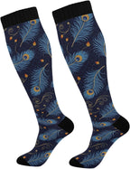 Blue Peacock Feathers Compression Socks for Women and Men 20-30 mmHg Knee High Socks for Nurses Travel Socks 1 Pair