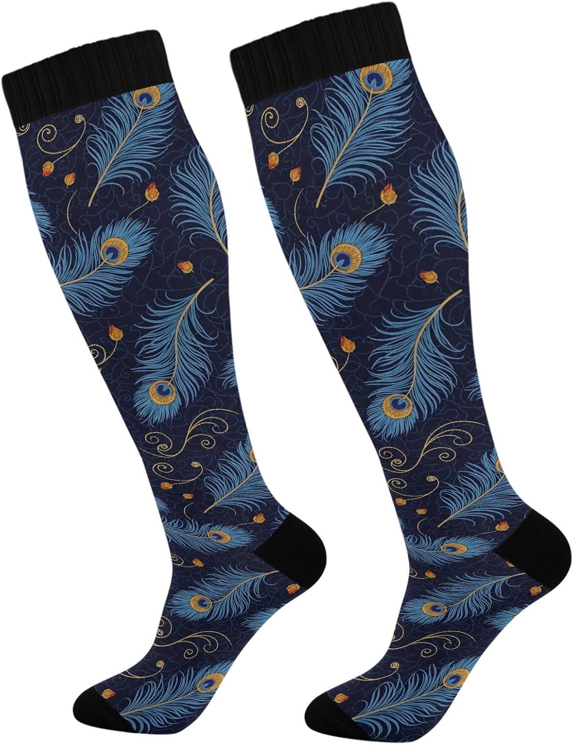 Blue Peacock Feathers Compression Socks for Women and Men 20-30 mmHg Knee High Socks for Nurses Travel Socks 1 Pair