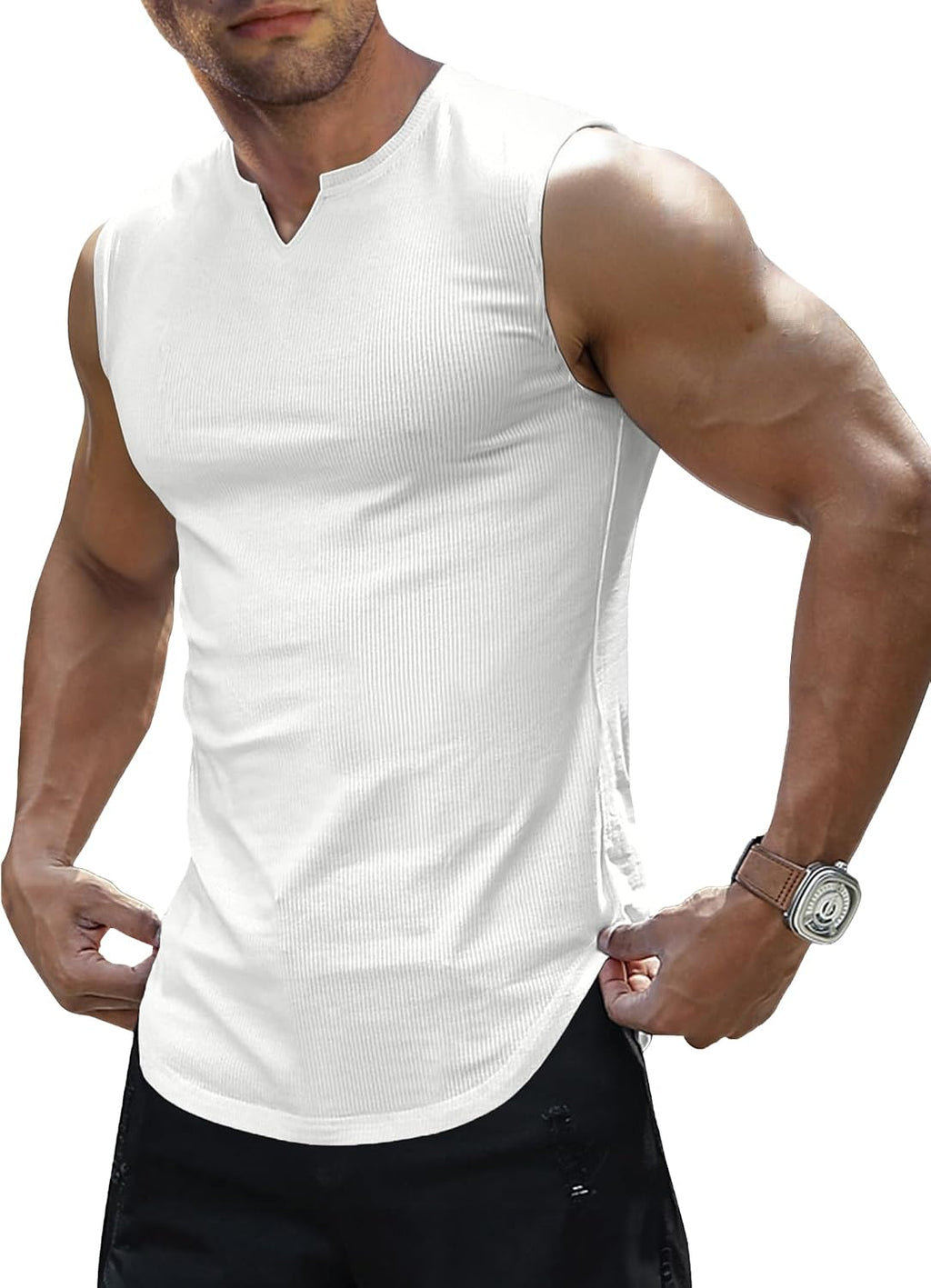 JMIERR Men's Ribbed Tank Tops Knit Sleeveless Workout T Shirt Muscle Gym Fitness Tee