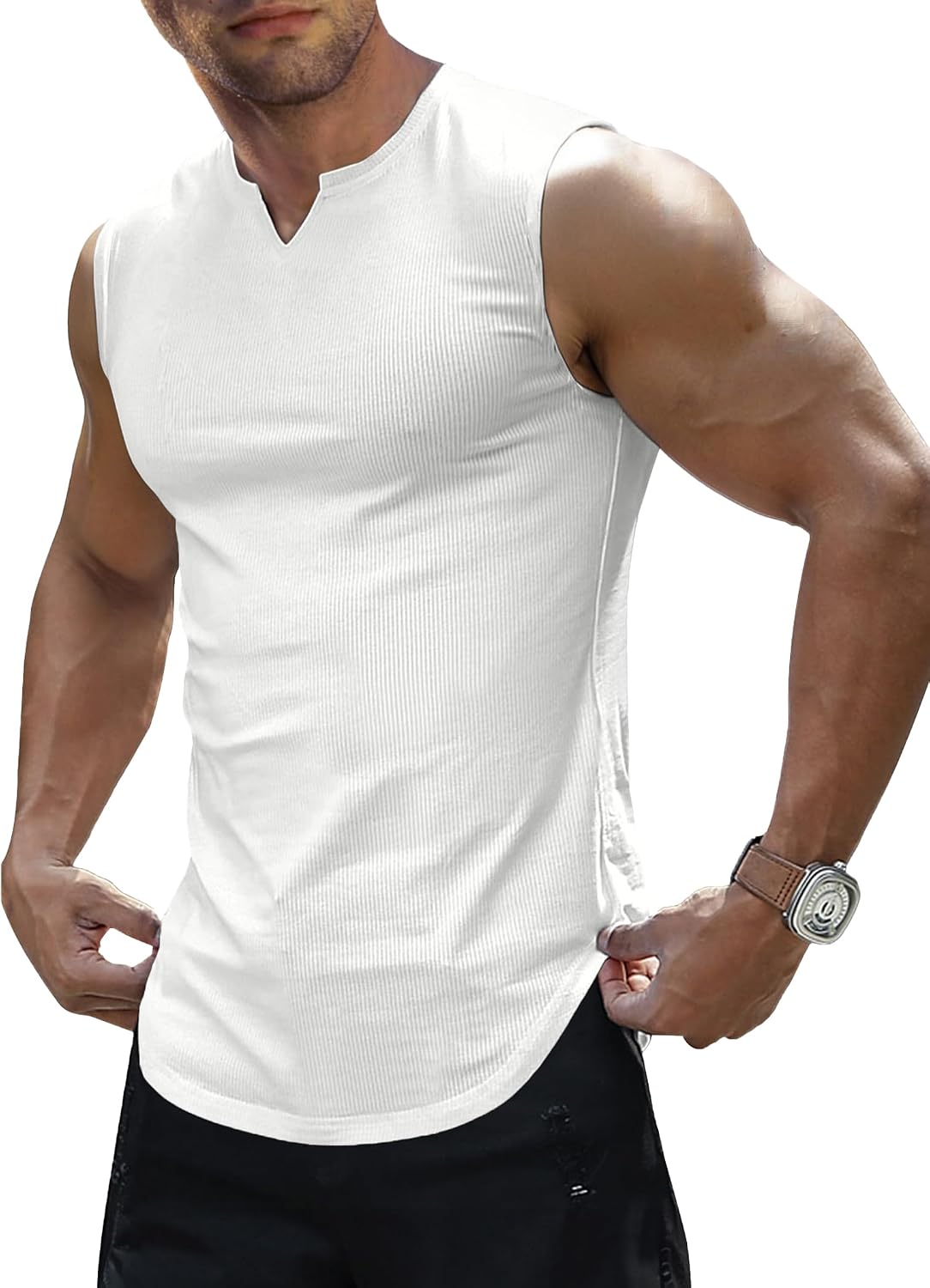 JMIERR Men's Ribbed Tank Tops Knit Sleeveless Workout T Shirt Muscle Gym Fitness Tee