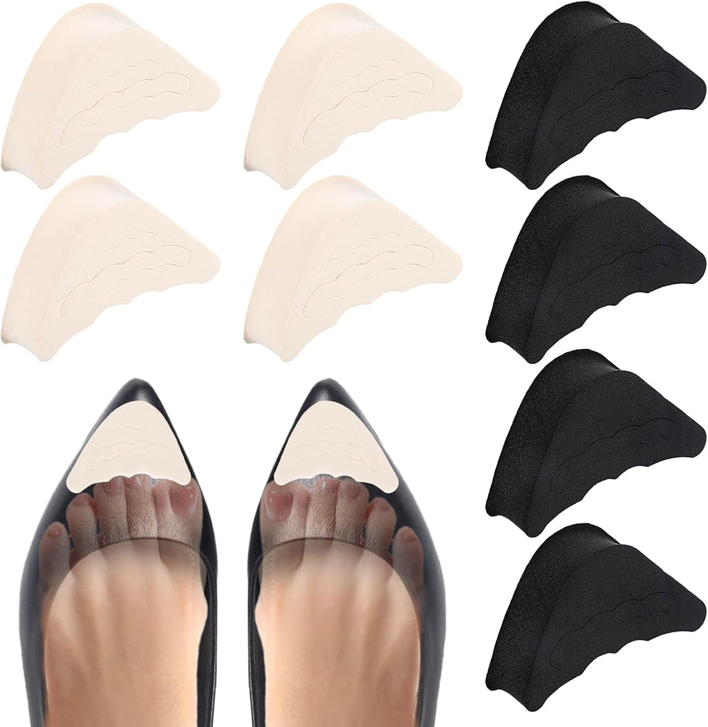 4 Pairs Shoe Filler Inserts Adjustable Toe Inserts for Shoes Too Big Half-Size Toe Pads for Women and Men Cushion Insert for Loose Shoes, High Heels, Sneakers, Boots, Black and Beige