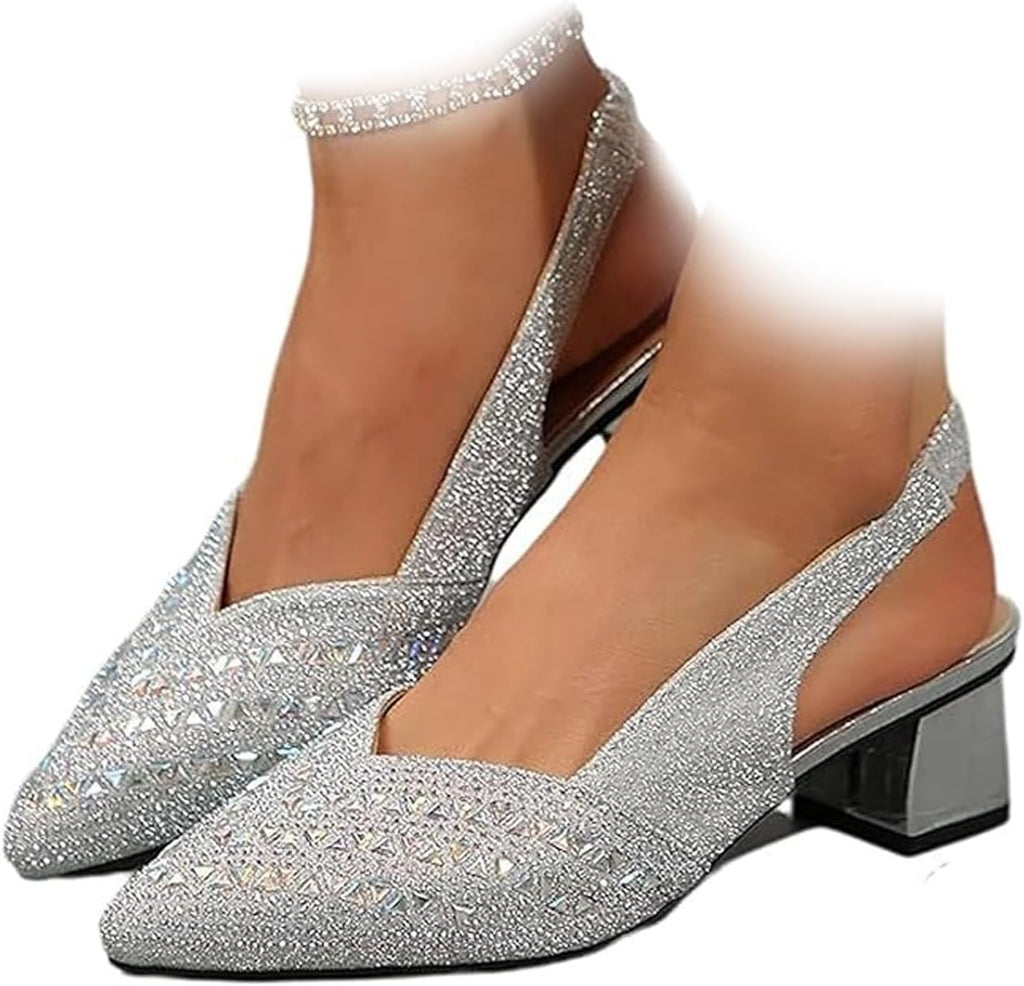 Women's Fashion Rhinestone High Heel Chunky Heel Sandals, Block Heels Slingback Pointed Toe Low Heels, Wedding Party Dress Pumps Shoes with Elastic Laces