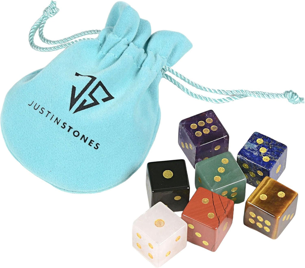 16mm Amethyst + Tiger Eye + Obsidian + Clear Quartz + Lapis + Red Jasper + Aventurine Crystal Rock Six Sided Dice Gold Pips Square Corner Polyhedral Games Dice(Pack of 7)