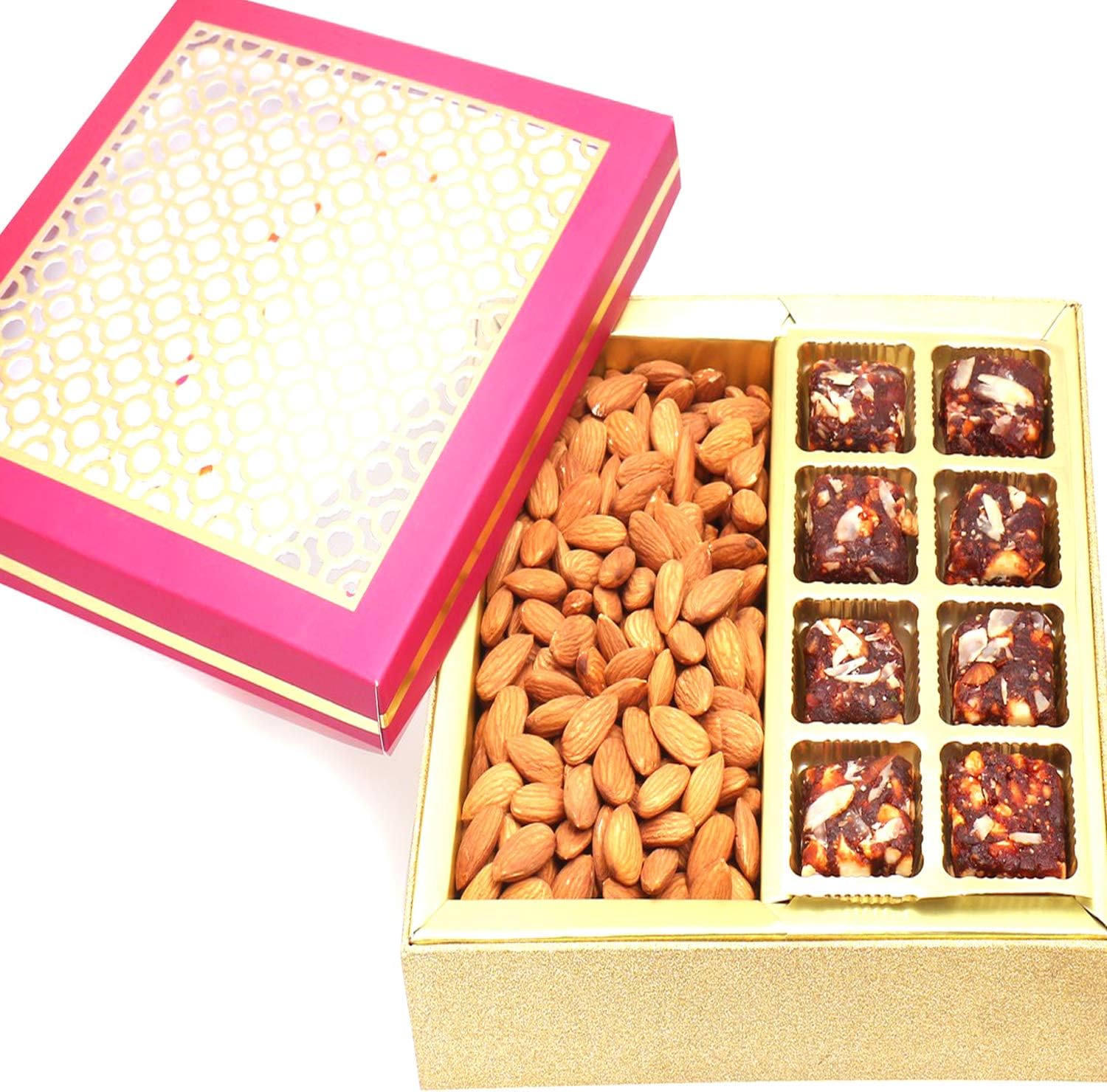 Ghasitaram Gifts Indian Sweets - Diwali Gifts Sugarfree Sweets- Carving Box with Sugarfree Dates and Figs Bites and Almonds