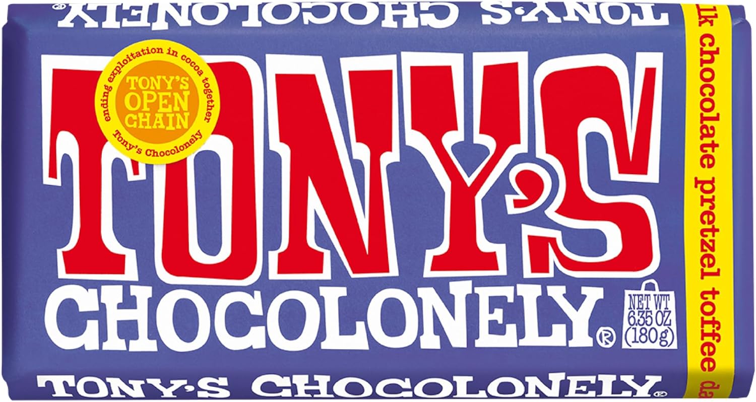 Tony's Chocolonely 42% Dark Milk Chocolate Bar with Pretzel and Toffee Belgium Chocolate, No Artificial Flavoring, Fairtrade & B Corp Certified - 6.35 Oz