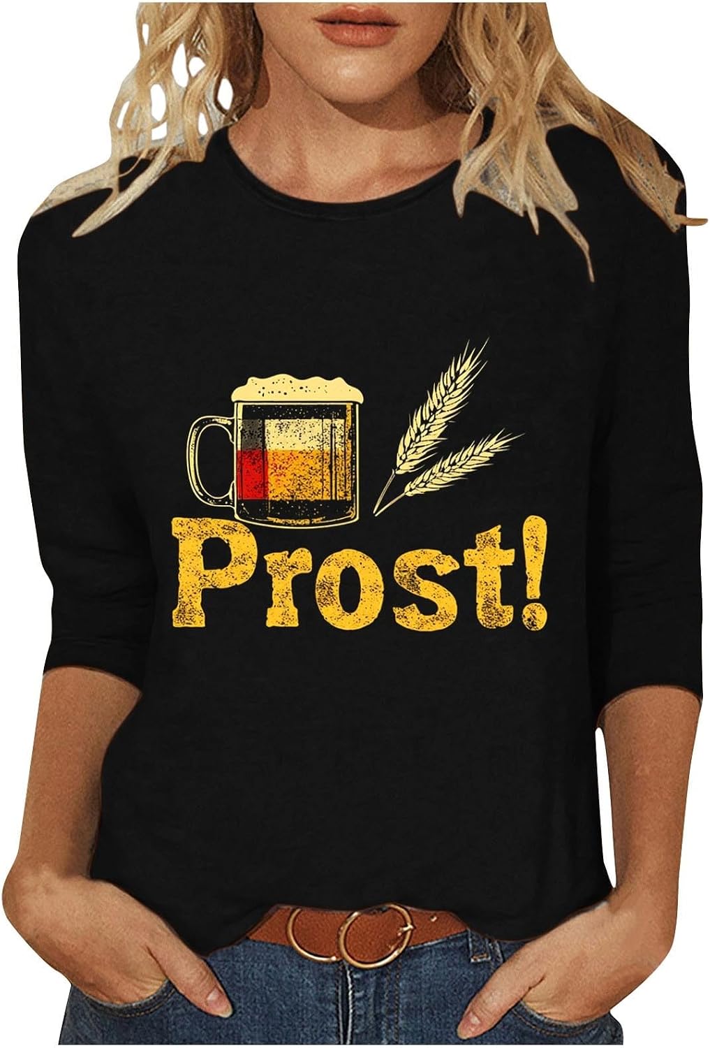 Oktoberfest Shirts for Womens 3/4 Length Sleeves Crewneck Plus Size Loose Comfy T-Shirts Beer Festival Blouse Tops