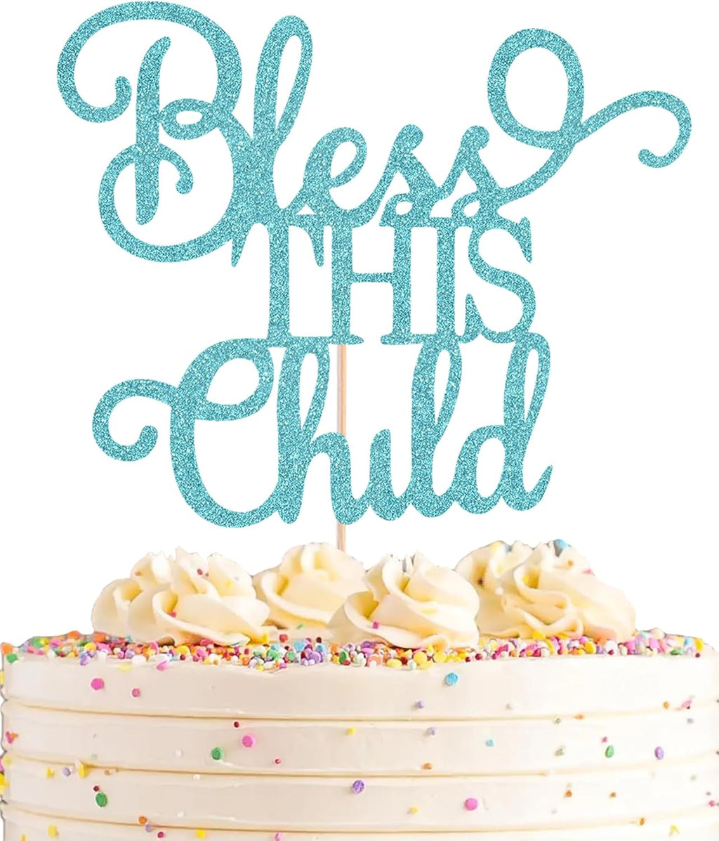 Bless This Child Cake Topper - Sky Blue Glitter Chlid Christening Cake Decoration Supply - Smash Cake Topper for First Holy Communion Party/Baby Shower - Baptisim Cake Decor