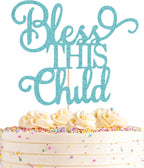 Bless This Child Cake Topper - Sky Blue Glitter Chlid Christening Cake Decoration Supply - Smash Cake Topper for First Holy Communion Party/Baby Shower - Baptisim Cake Decor