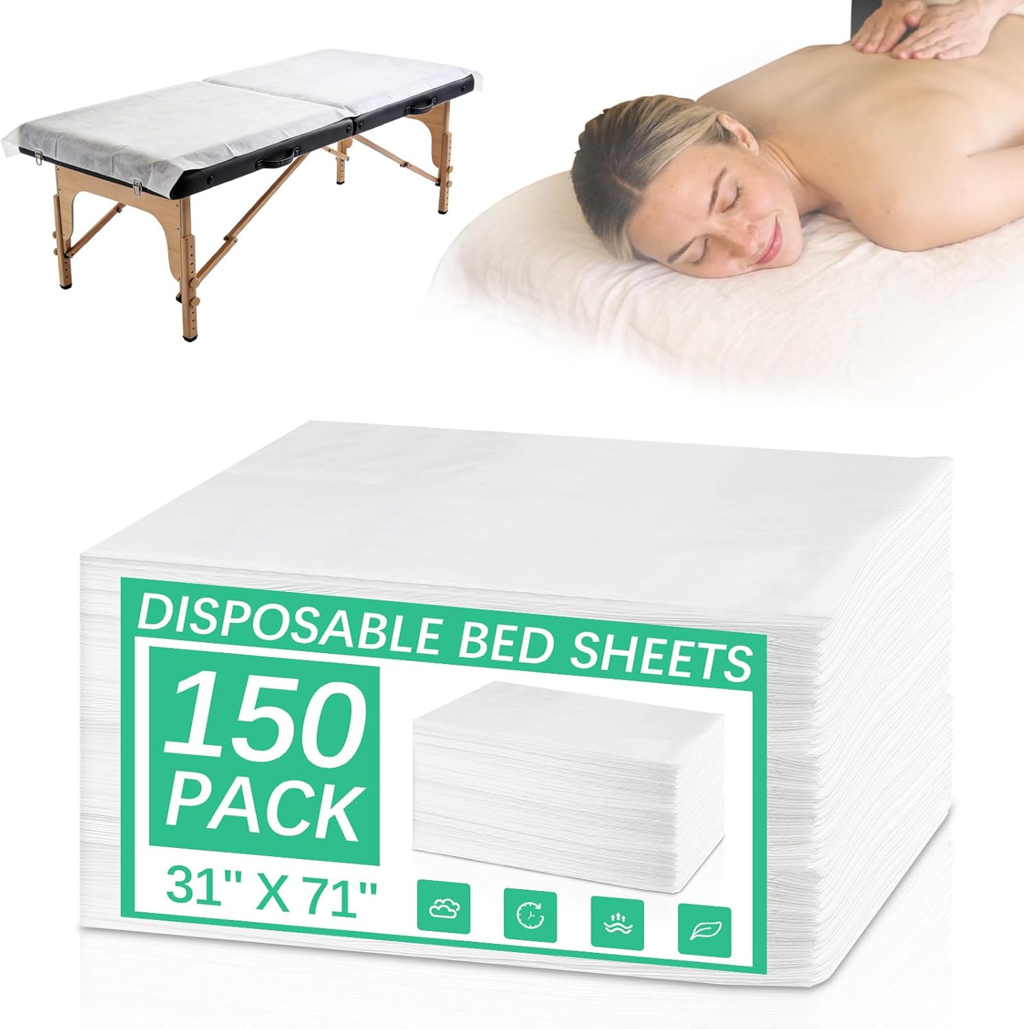 150 Pcs Disposable Massage Table Sheets 31" x 71", Non-Woven Disposable Bed Sheets for Massage Table Cover Breathable SPA Bed Cover for Spa, Massage, Beauty, Tattoos, Travel