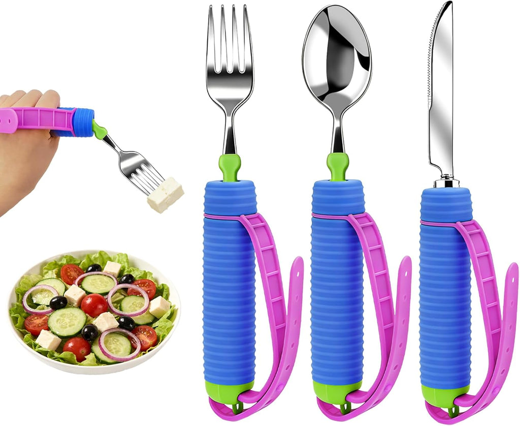 3 Pcs Adaptive Utensils for Disability, 360°Gadgets Swivel Fork Spoon with Adjustable Silicone Strap for Weak Hand Grip & Handicapped & Parkinsons Travel Eating Utensils for Disabled, Elderly