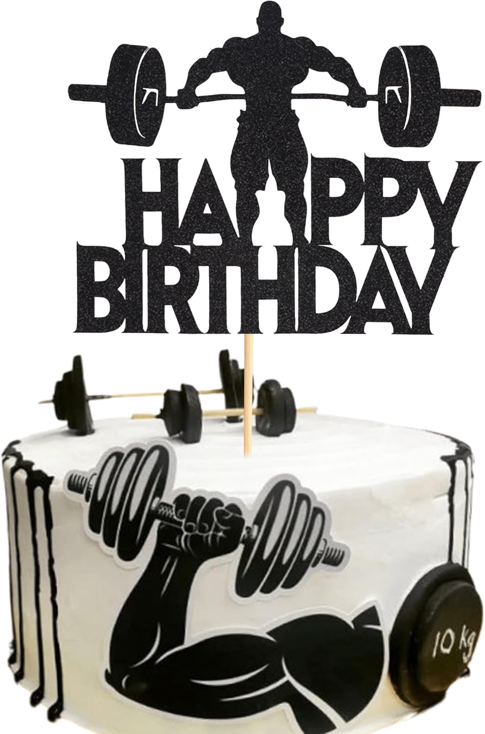 1Pc Fitness Cake Topper - Gym Themed Weight Lifting Lover's Athlete Body Builder Sport Weightlifting Happy Birthday Party Decoration Fitness Enthusiast - Black Glitter