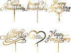 6pcs Happy Anniversary Cake Topper Gold Acrylic Cake Topper, Happy Anniversary Cake Sign, Wedding Cake Decorations Party Supplies