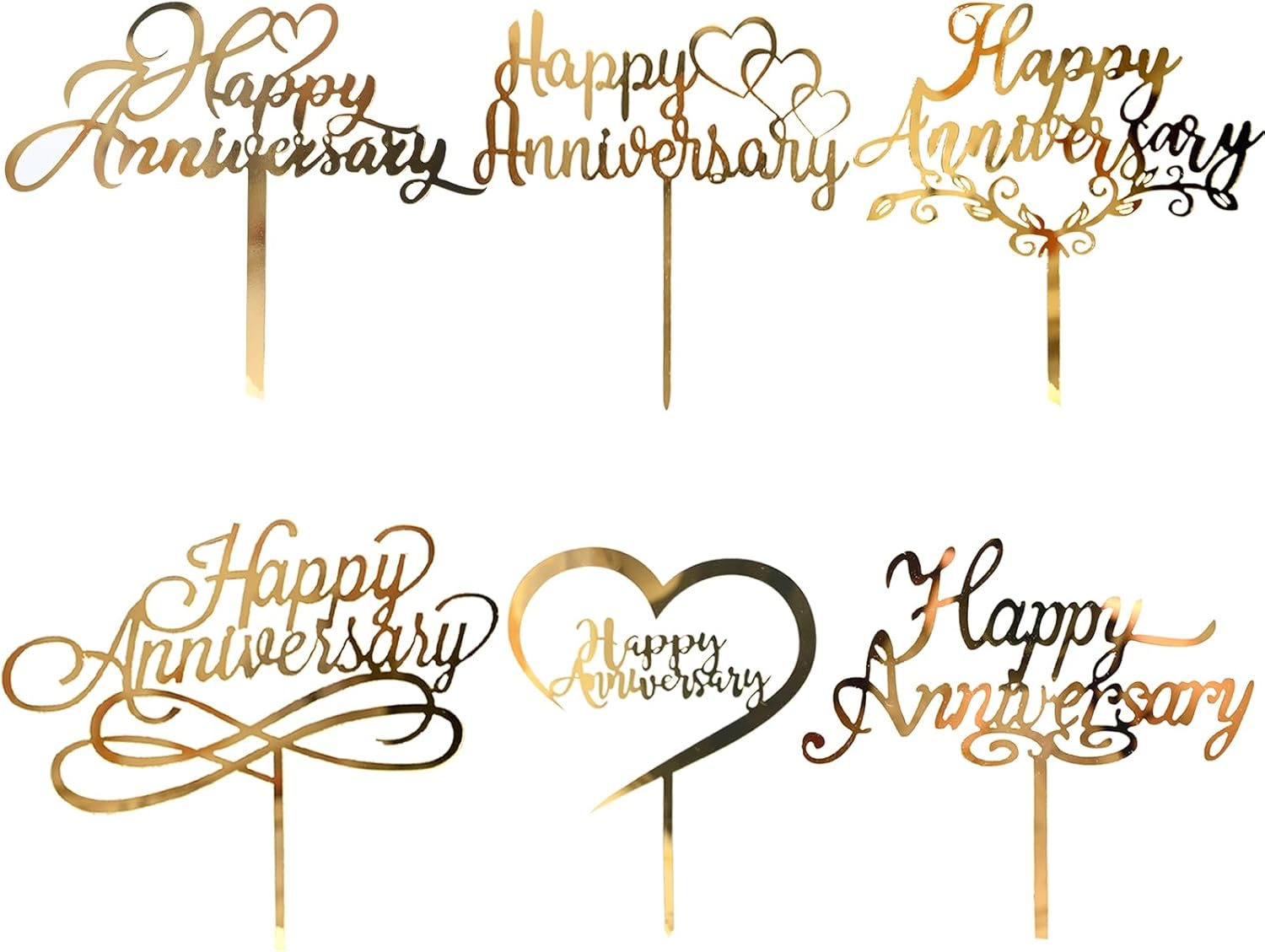 6pcs Happy Anniversary Cake Topper Gold Acrylic Cake Topper, Happy Anniversary Cake Sign, Wedding Cake Decorations Party Supplies