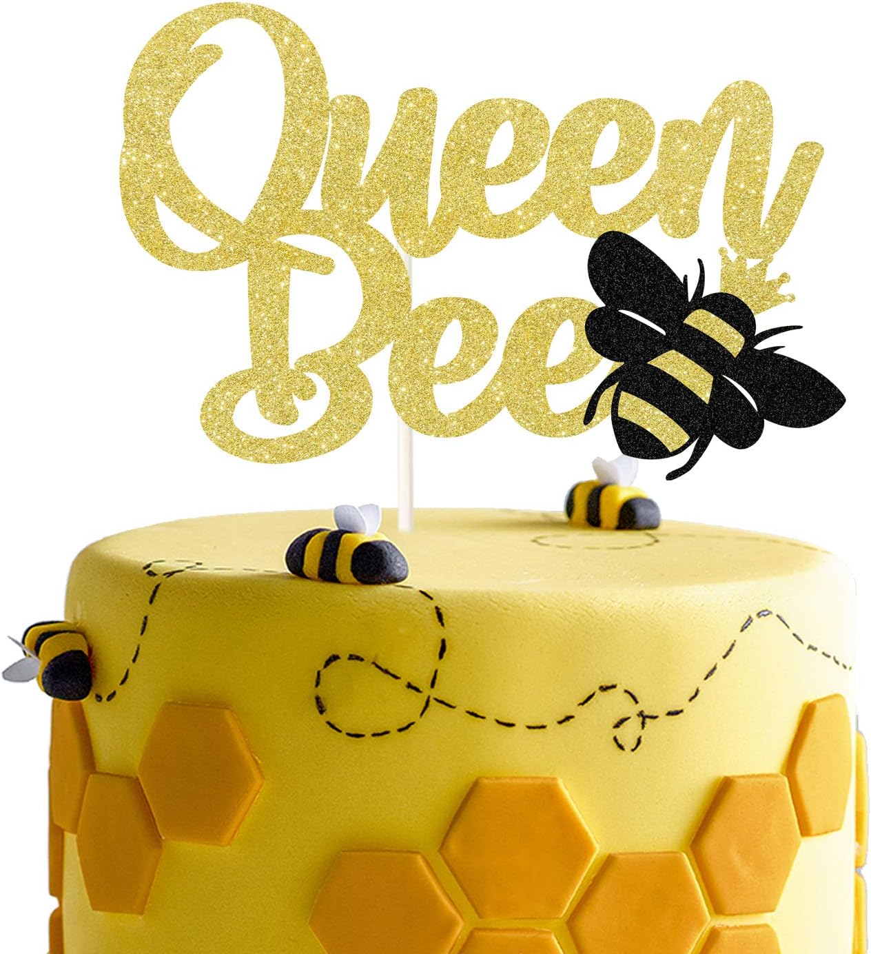 Gold Glitter Queen Bee Cake Topper, Bumble Bee Themed Happy Birthday Decor, Mother's Birthday Party Decor Party Supplies Decorations