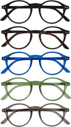 OPULIZE REY Reading Glasses for Women Men, Retro Round Frame with Spring Hinges, Matte Black, Brown, Blue, Green, Grey +1.00 (Pack of 5)