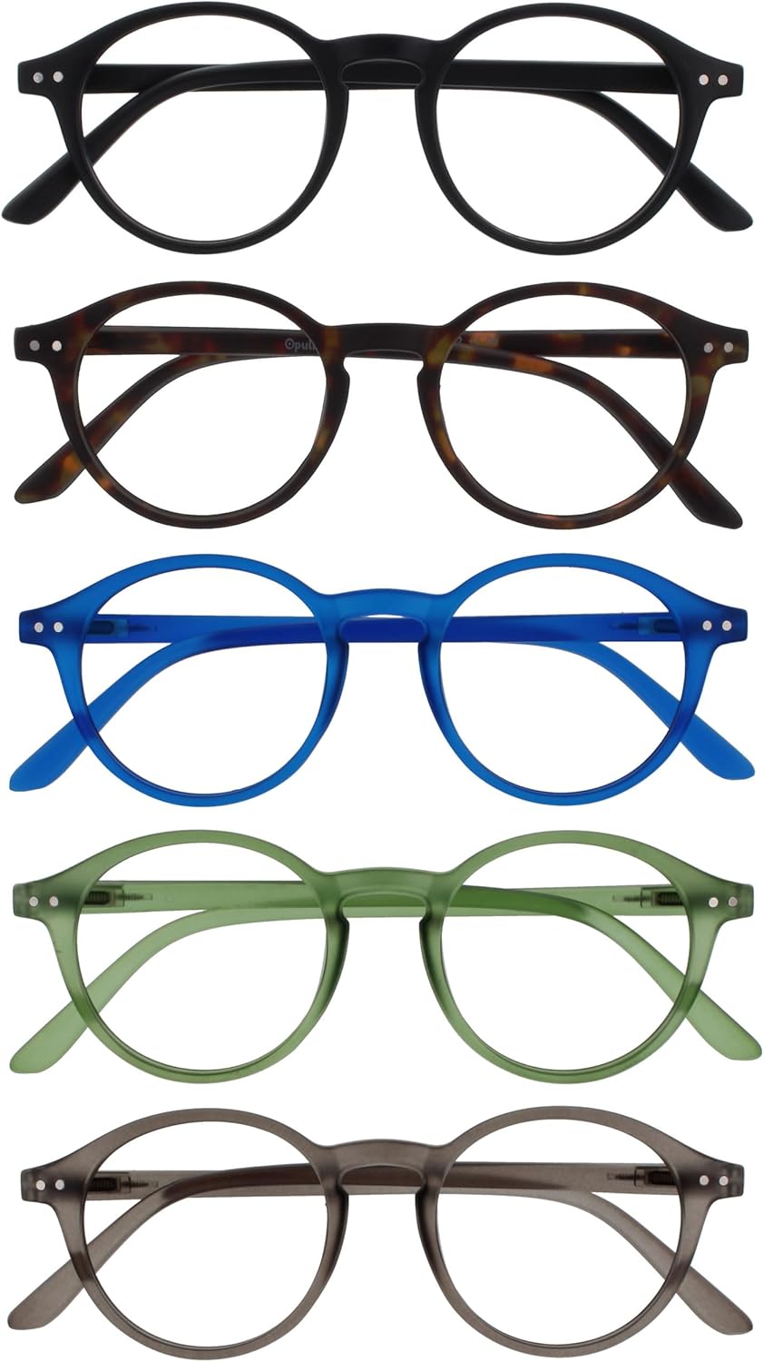 OPULIZE REY Reading Glasses for Women Men, Retro Round Frame with Spring Hinges, Matte Black, Brown, Blue, Green, Grey +2.00 (Pack of 5)