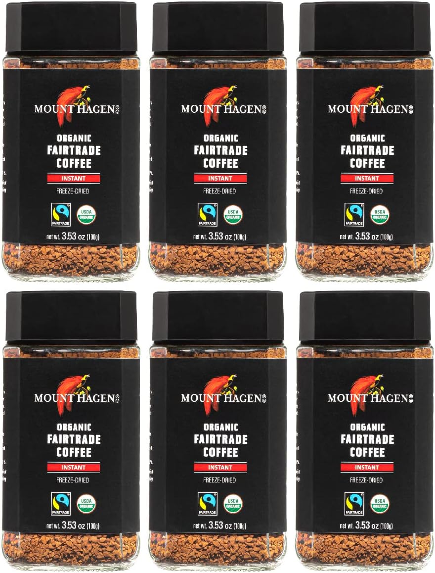 Mount Hagen 3.53oz Organic Freeze Dried Instant Coffee - 6 pack | Eco-friendly Coffee Made From Organic Medium Roast Arabica Beans | Fair-Trade Coffee Instant [6 x 3.53oz Jar]