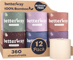 Betterway Unbleached Bamboo Toilet Paper Rolls - Eco-Friendly 3 Ply Toilet Tissue - 12 Long-Lasting Rolls - 360 Sheets/Roll - Organic, FSC Certified, Septic Safe TP - Lint-Free, PFAS-Free Bath Tissue