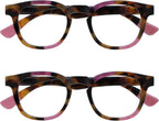 OPULIZE AVA Reading glasses for Women Men,Scratch Resistant Round frame with Spring Hinges, Brown Tortoiseshell With Pink +2.5 (Pack of 2)