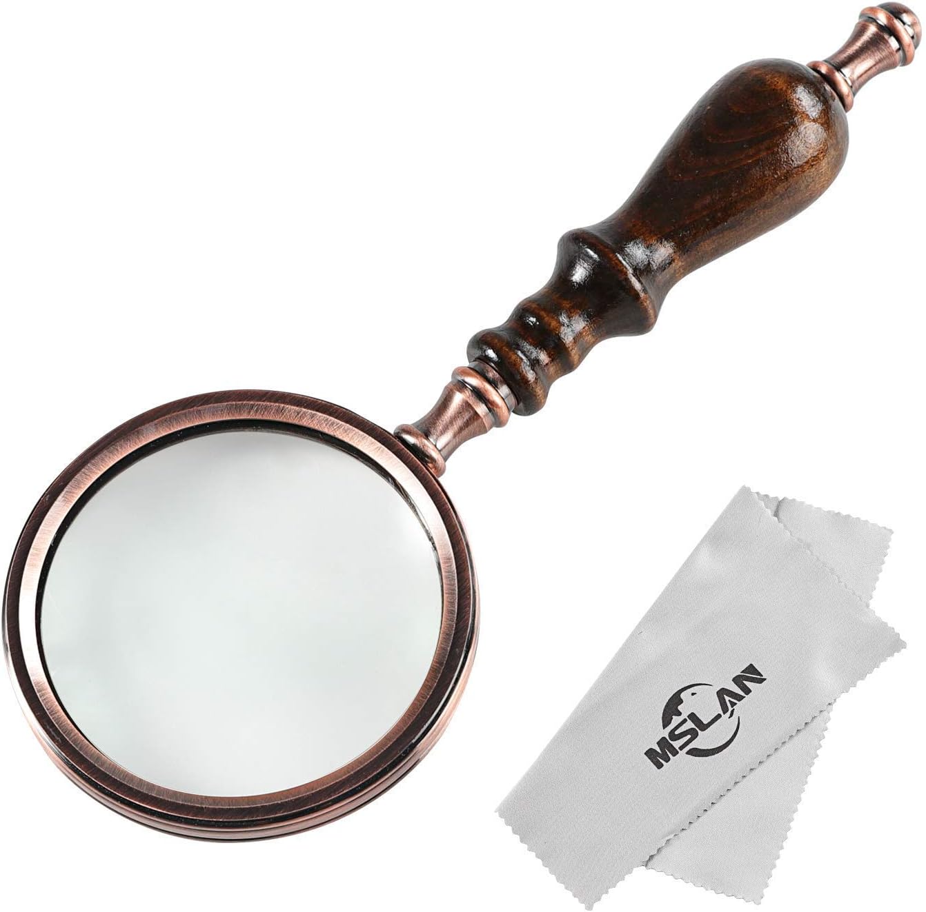 MSLAN Magnifying Glass,10X Antique Copper Handheld with Wooden Handle and Real Glass,Best Reading Magnifier for Elderly,Macular Degeneration