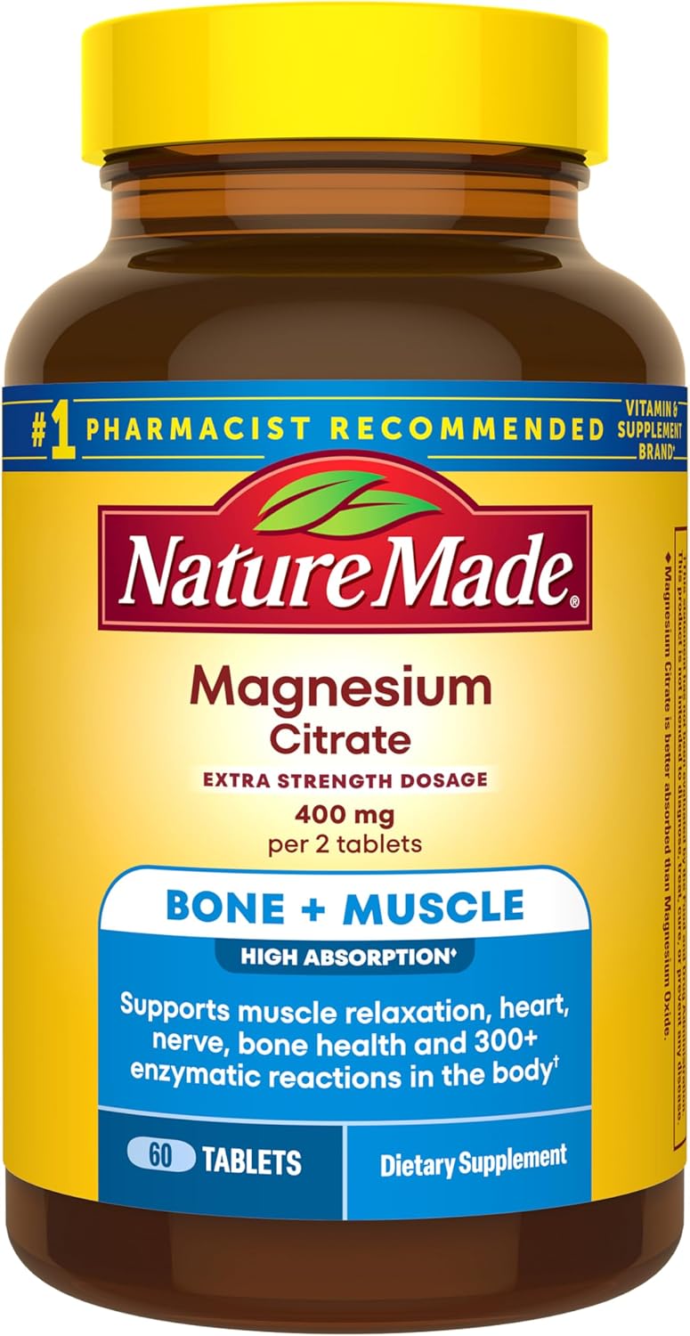 Nature Made Extra Strength Dosage Magnesium Citrate Tablets, High Absorption Magnesium Citrate 400mg Per Serving, Bone and Muscle Support, 60 Tablets, 30 Day Supply