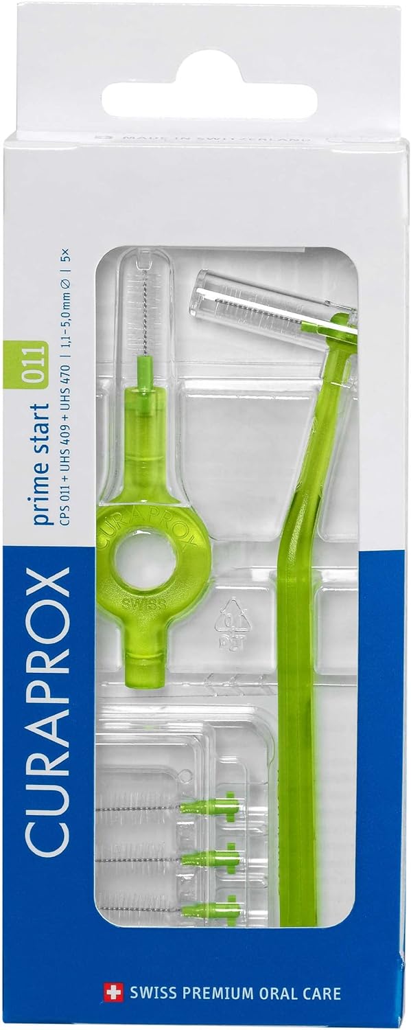Curaprox Interdental Brush Starter Set CPS 011 Prime – ISO Size 3, Green | Includes 5 Brushes & 2 Holders for Effective Cleaning of Narrow Spaces | Swiss Made