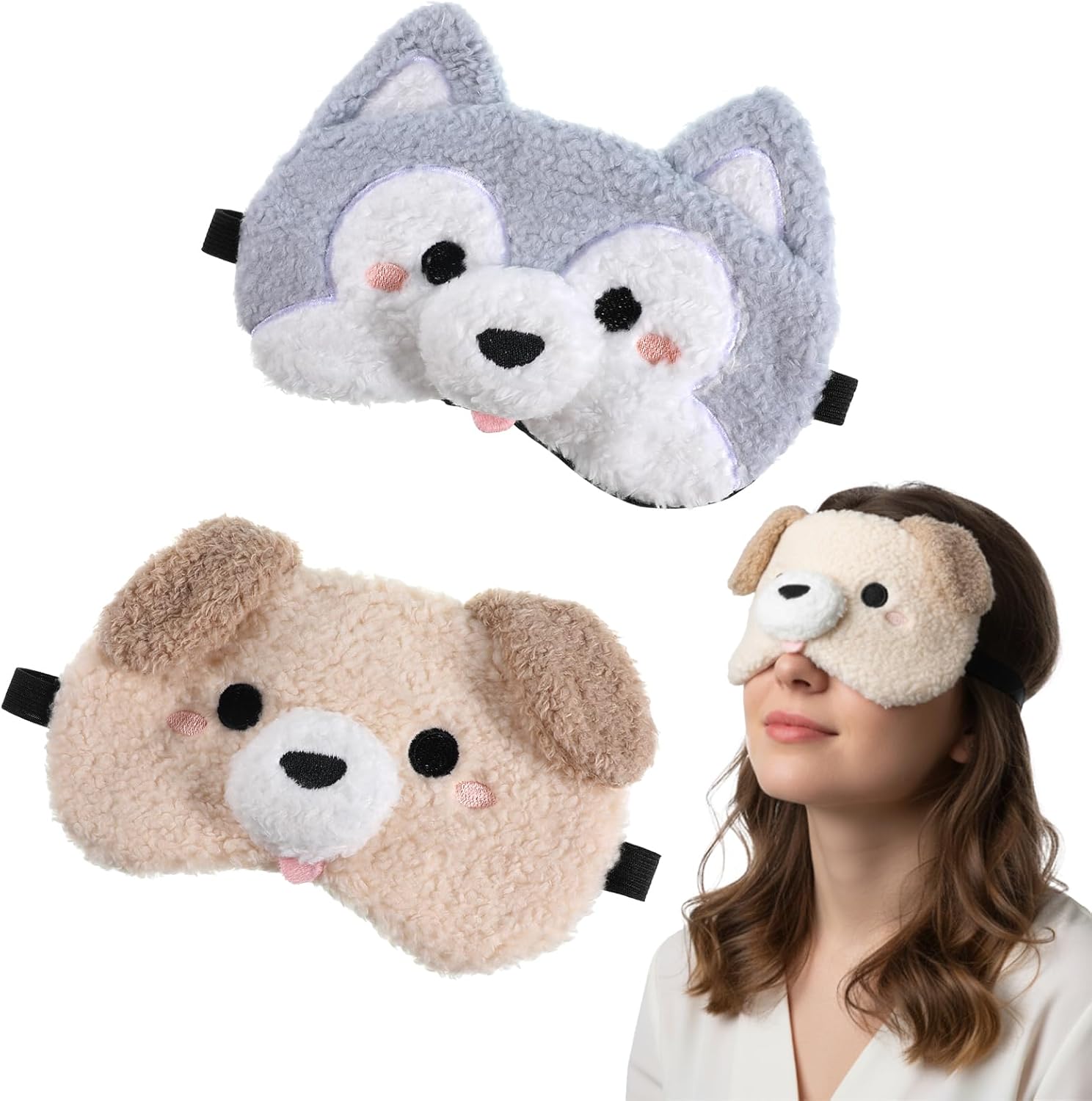 2 PCS Cute Plush Animal Sleeping Masks Soft Puppy Eye Cover Adjustable Funny Cartoon Eyeshade Blindfold with Elastic Strap Lovely Dog Blackout Mask for Travel Nap Night Sleep Party Girl Boy