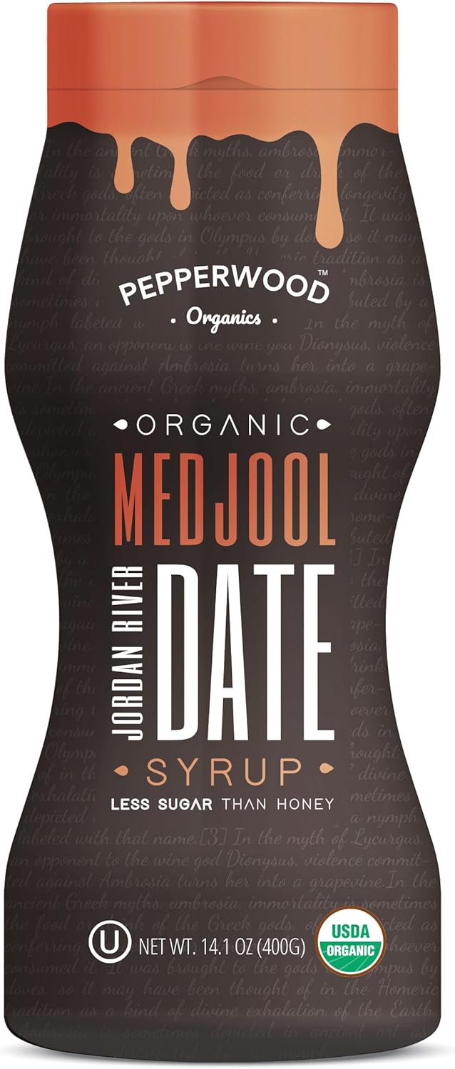 Organic Medjool Date Syrup 14 Ounce (400g) - 100% Pure Jordan River Medjool Dates - Kosher by Pepperwood Organics