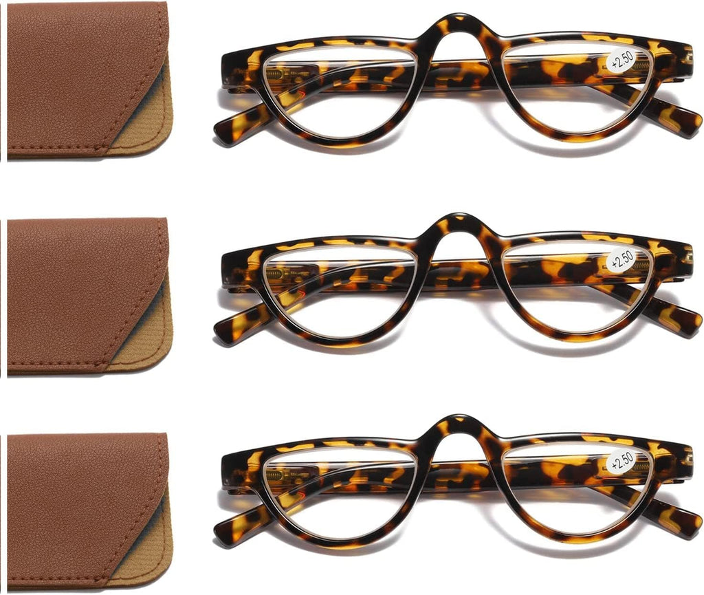 Hubeye 3 Pairs Plastic Retro Half Moon Frame Reading Glasses Lightweight Spring Hinge Women and Men Reader Leopard print/Leopard print/Leopard print +2.0
