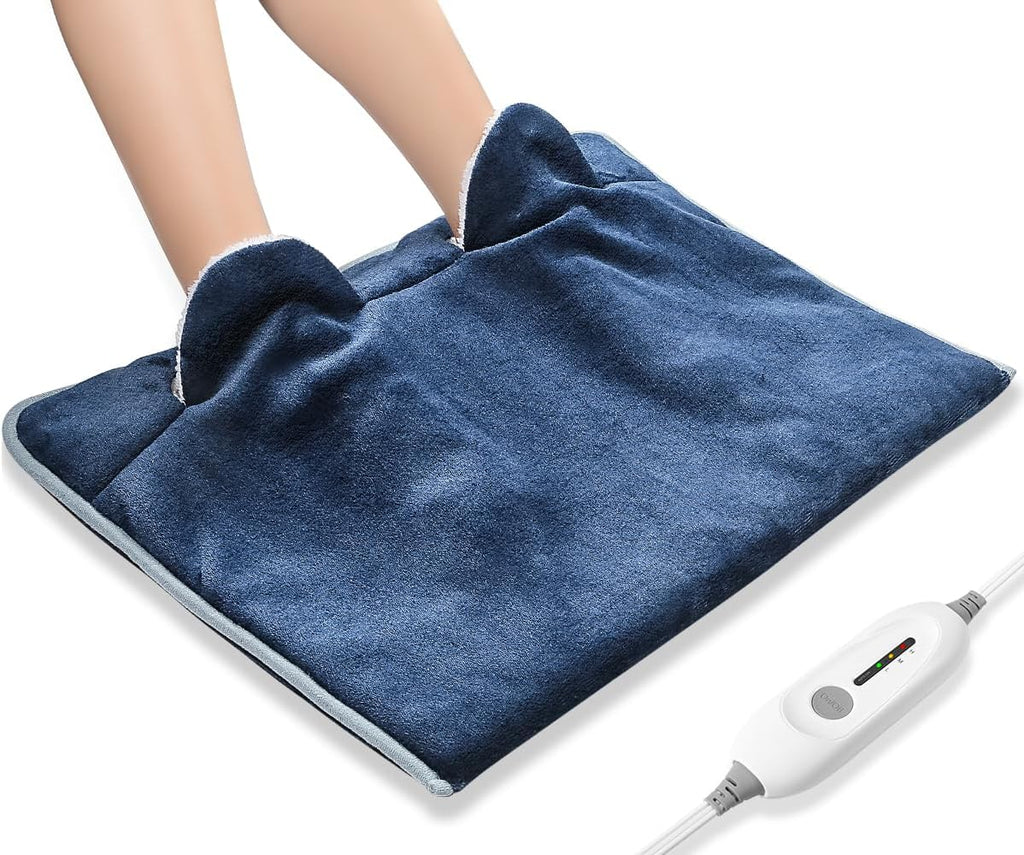 Electric Heated Foot Warmer Soft Flannel Foot Heater with 2h Auto Off & 3 Heat Levels Full Body Use Heating Pad for Feet Pain Relief, Pocket Design 16" x 22", Navy Blue