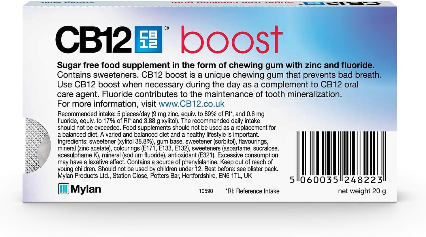 CB12 12 X Boost Sugar Free Chewing Gum Strong Mint 10 Pieces 20G