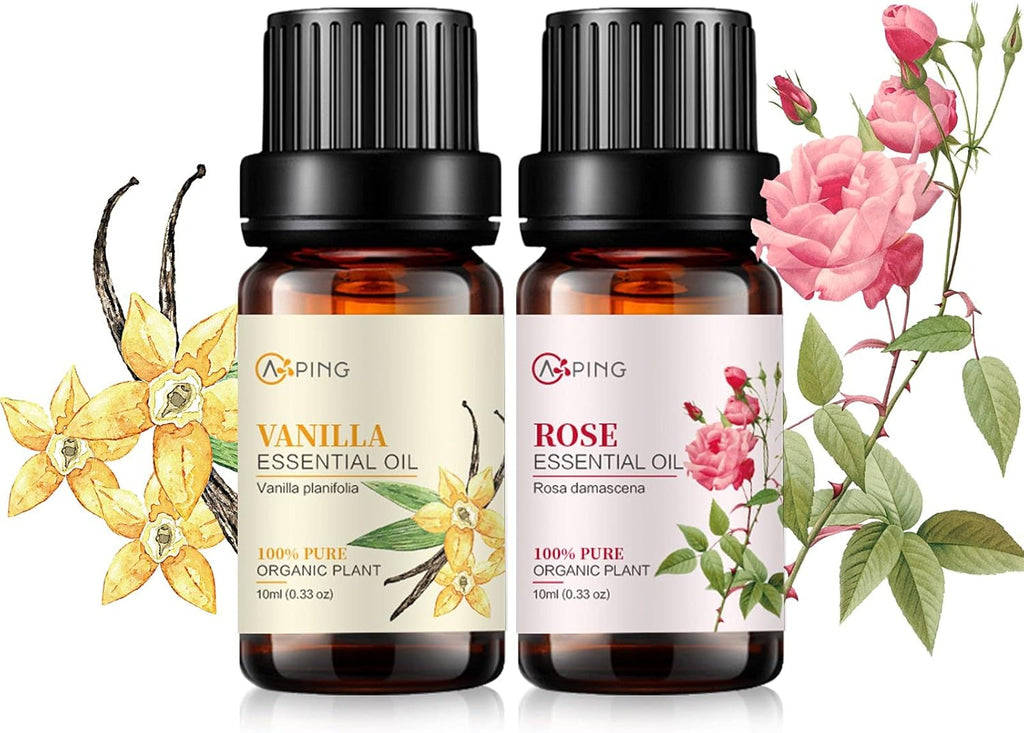Rose & Vanilla Essential Oils - 100% Pure Organic Natural Plant Oils for Diffuser, Aroma, Spa, Massage, Yoga, Perfume, 2x10ML