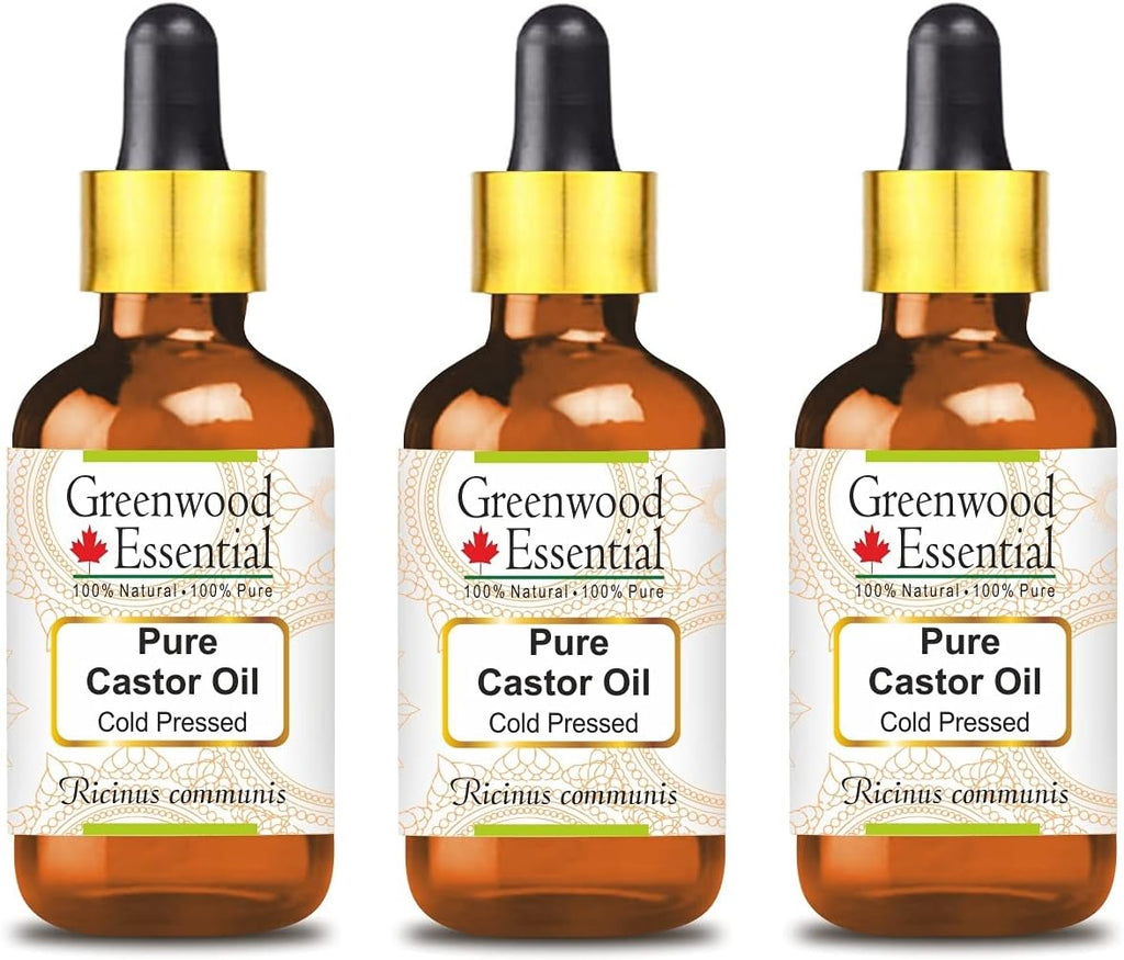 Greenwood Essential Pure Castor Oil (Ricinus communis) with Glass Dropper Cold Pressed (Pack of Three) 100ml X 3 (10oz)