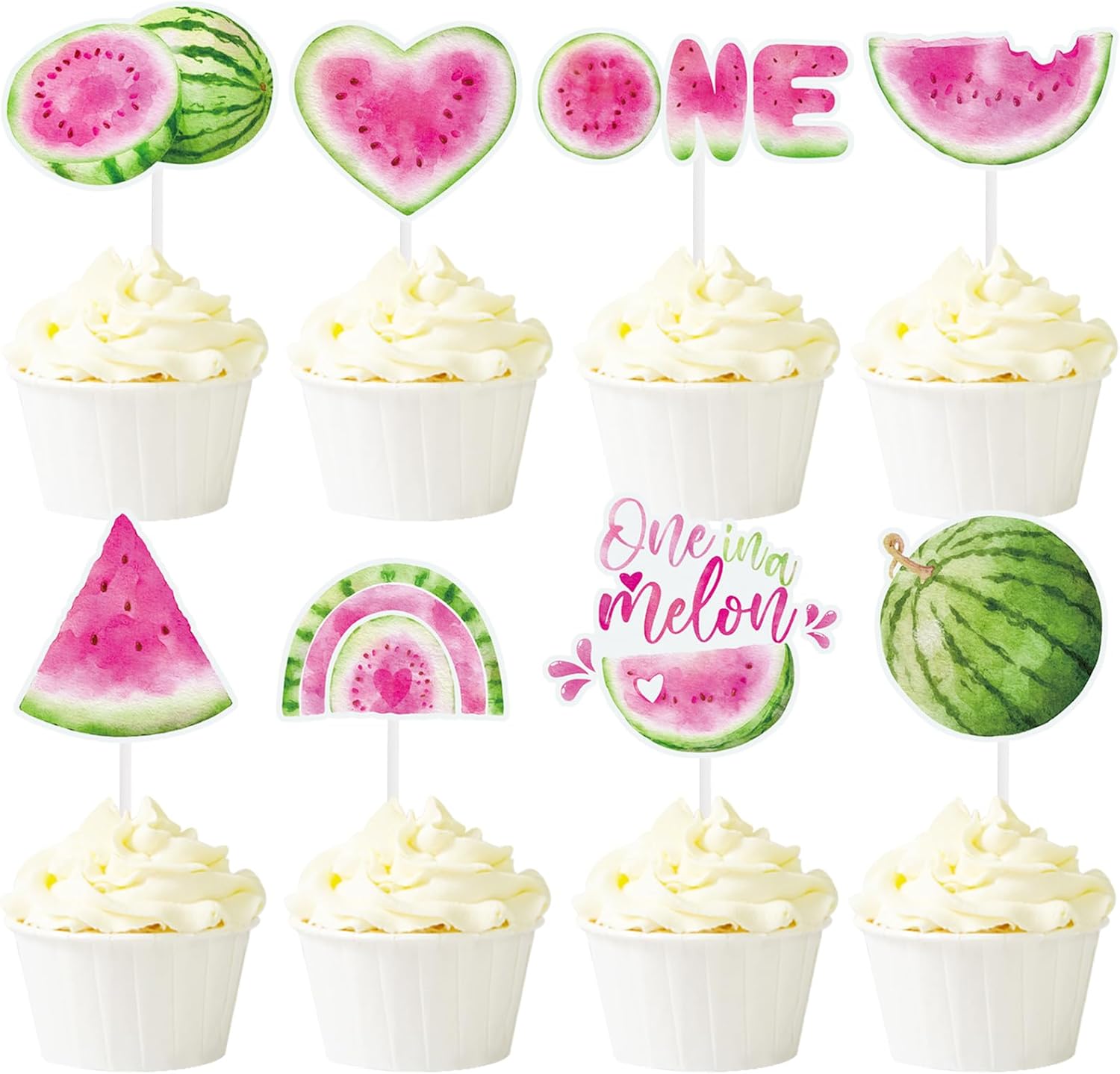 24Pcs Watermelon Cupcake Toppers One in A Melon Themed Cake Treat Picks for Baby Watermelon First Birthday Party Supplies