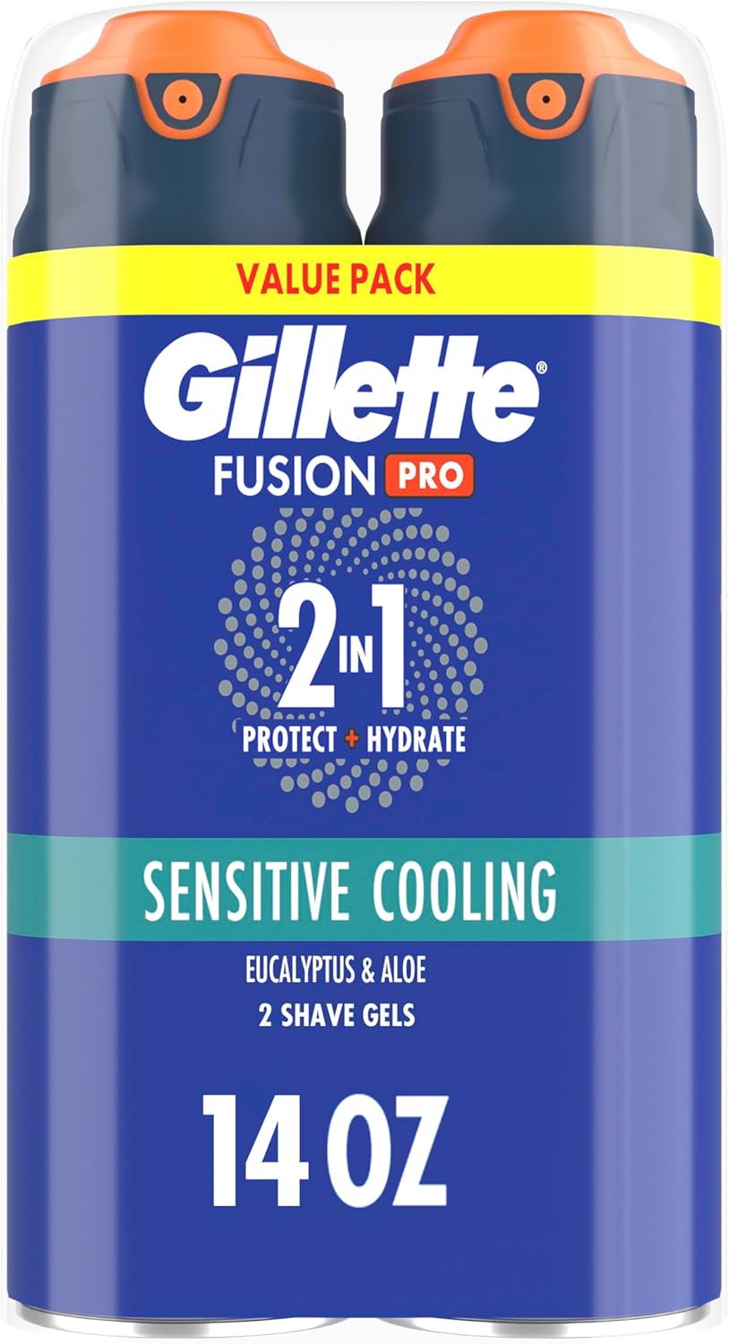 Gillette PRO Shaving Gel For Men Cools To Soothe Skin And Hydrates Facial Hair, TWIN PACK - Total 14oz, ProGlide Sensitive 2 in 1 Shave Gel