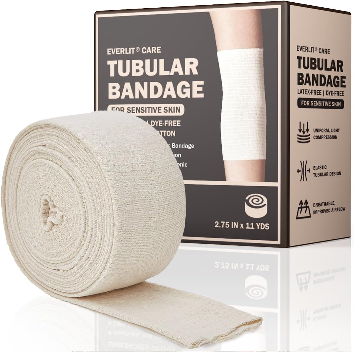EVERLIT 560D Cotton Blend Elasticated Tubular Support Bandage | Latex-Free, Extra-Thick Breathable Stockinette for Wrist, Hand | Moderate to High Compression for Sensitive Skin (Size C: 2.75" x 11 yd)