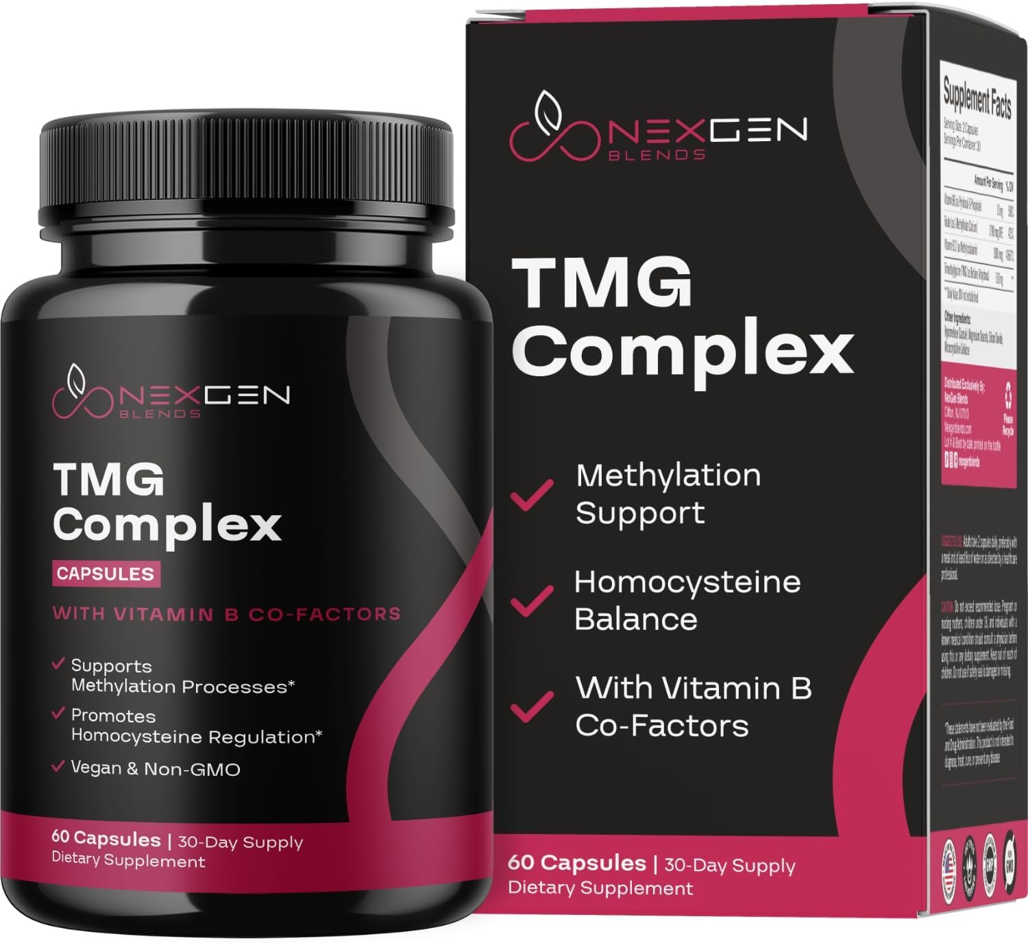 TMG Trimethylglycine Supplement with Methyl B Complex - 500mg Betaine TMG Supplement with Methylated Vitamin B Co Factors for Homocysteine Heart & Liver Support - Vegan & Non-GMO (1 Month Supply)