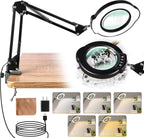 10X Magnifying Glass with Light and Stand, LED Desk Lamp with Clamp, 5 Color Mode, 10 Dimmable Levels, Hands Free for Reading Crafts Jewelry Sewing Close Work