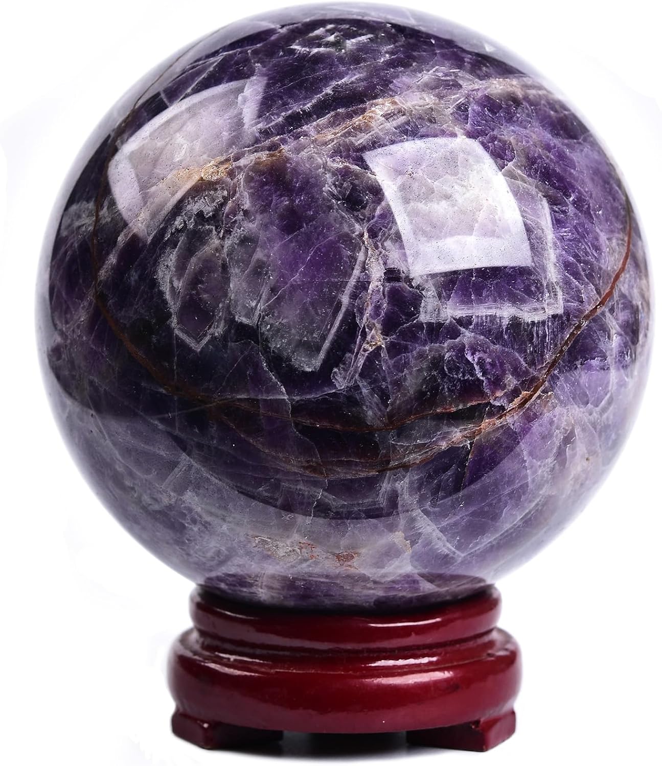 JIC Gem Large Crystal Ball Chevron Amethyst Healing Crystals Sphere with Wooden Stand Meditation Home Decor 3.5-4 inch (90-100mm)