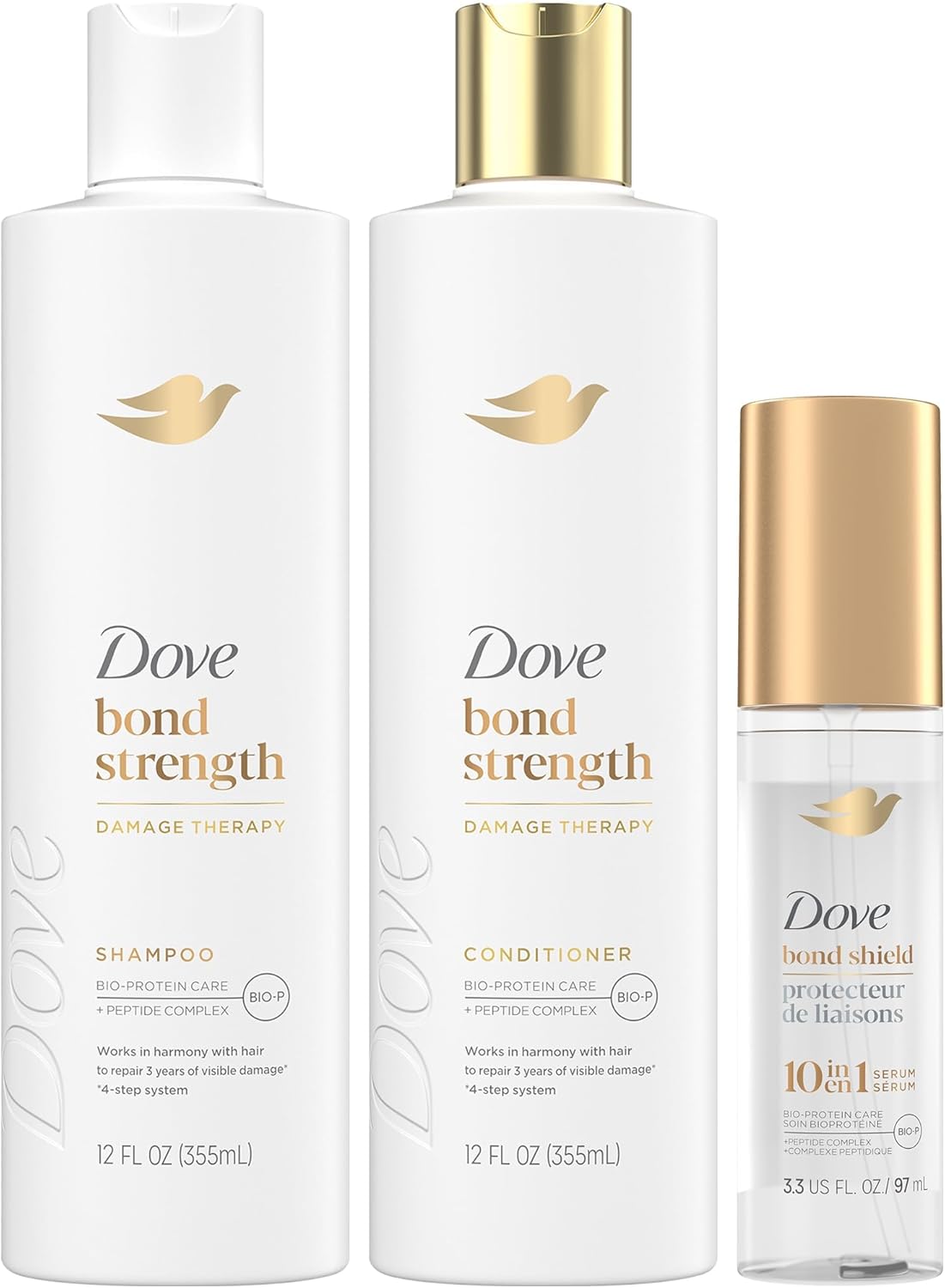 Dove Bond Strength Shampoo & Conditioner Set + Hair Serum Bundle – Repair Treatment for Damaged and Frizzy Hair (3 Piece Set)