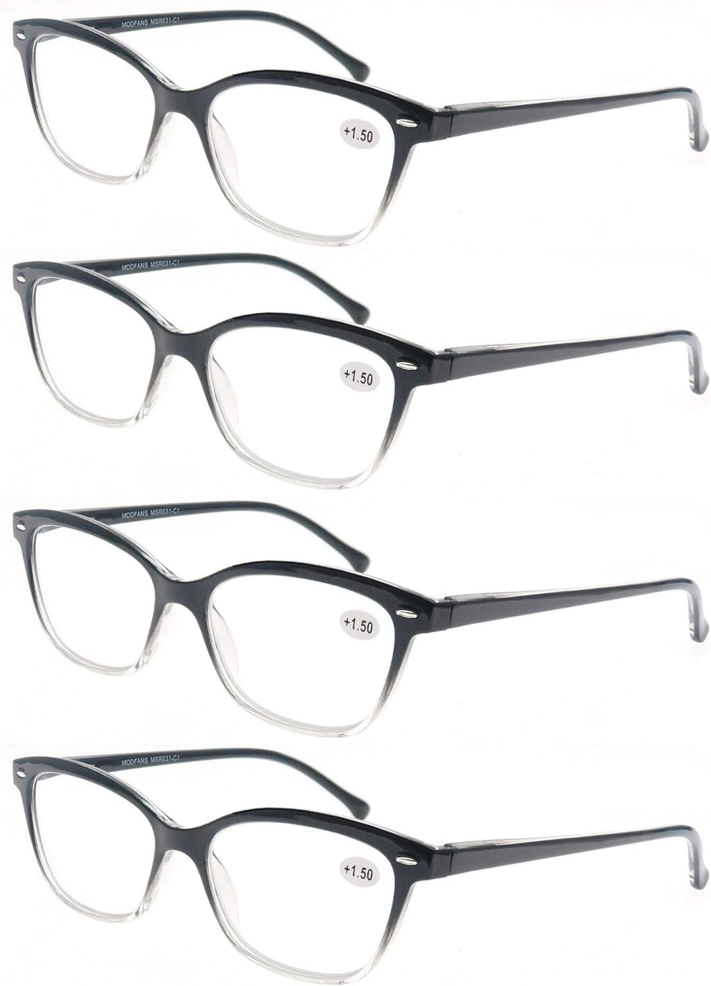 MODFANS Women Reading Glasses 1.5 4 Pair Stylish Ladies Readers with Comfort Spring Hinge Pattern Design Pouch Included Black