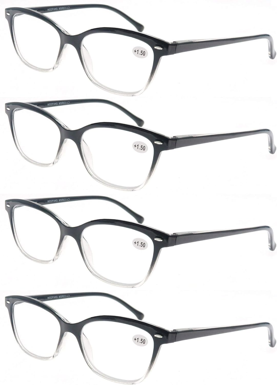 MODFANS Women Reading Glasses 1.5 4 Pair Stylish Ladies Readers with Comfort Spring Hinge Pattern Design Pouch Included Black